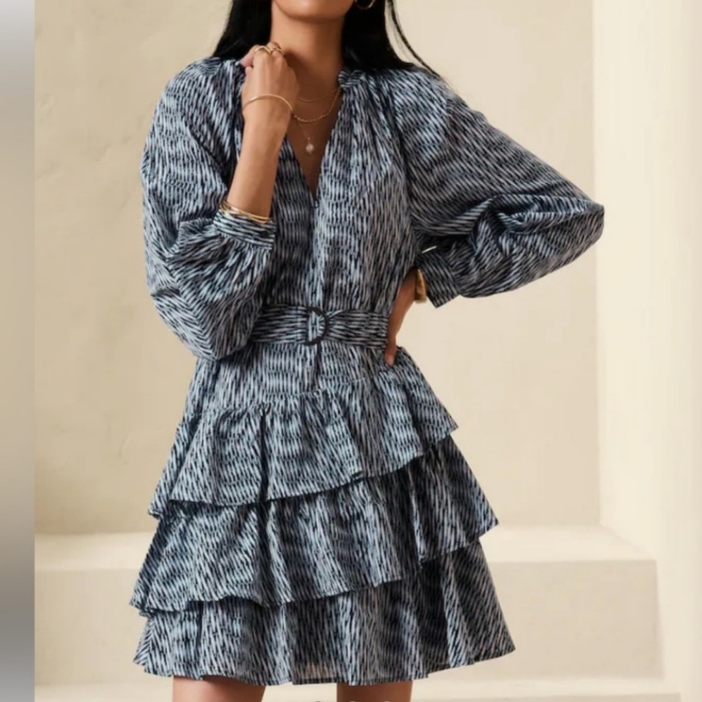 Banana Republic Tier Ruffle Mini Dress Preppy Navy Size M